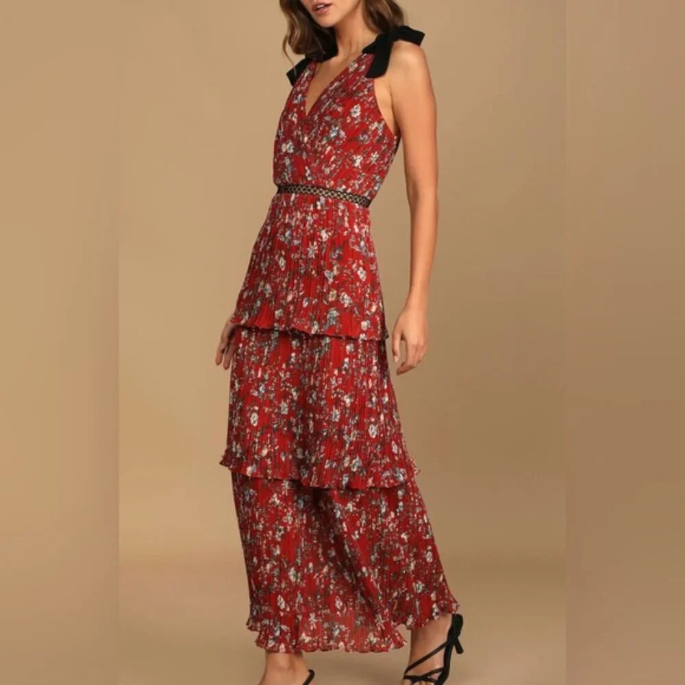 Lulus Such Sophistication Cottagecore Floral Print Pleated Bohemian Maxi Dress M